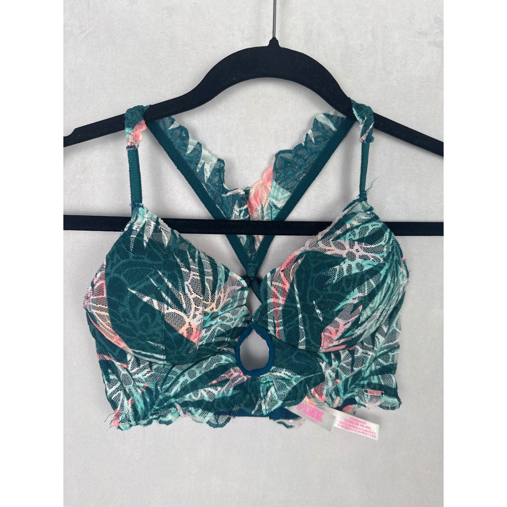 Victorias Secret PINK Date Push Up Bralette Tropical Lace Racerback Teal XS
